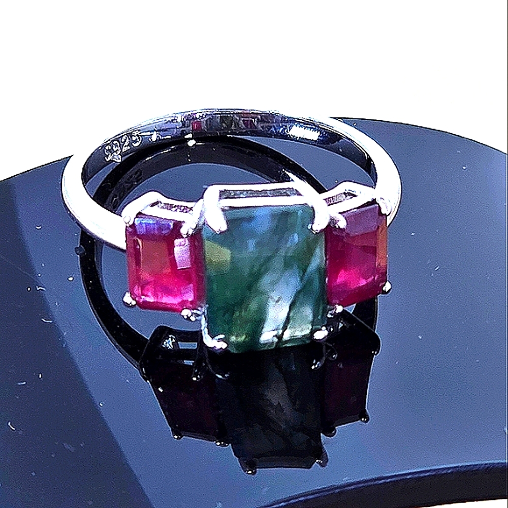 925 Sterling Silver Ring SZ 7.75 with Natural Moss Agate & Ruby Gemstones